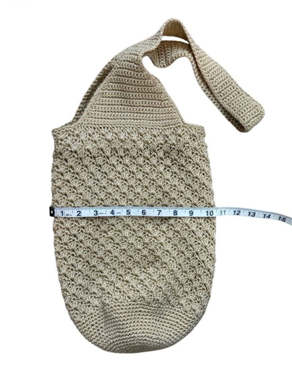 Boho Chic Natural Crochet Hobo Bag with Wood Bead Drawstring Beachy Coastal - Picture 4 of 6